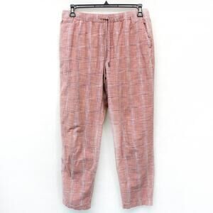 Wildfang Dusty Pink Mauve Plaid Cotton Linen Elastic Waist Straight Leg Pants L